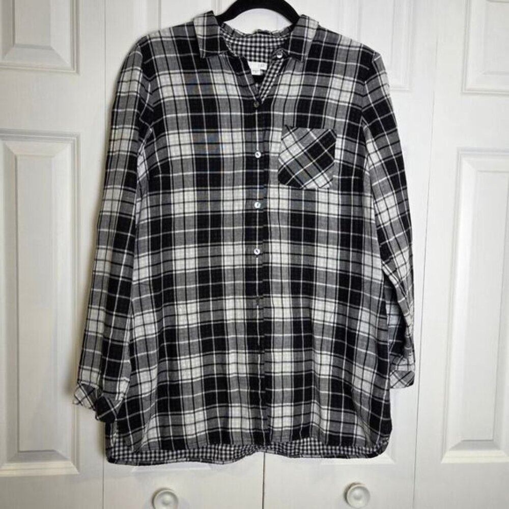 J. Jill Women's Medium Plaid Flannel Shirt Black White Long Sleeve Button Up Top